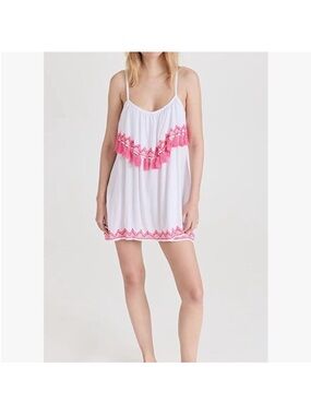 Tiare Hawaii White/pink embroidery tassel mini cover up dress OS